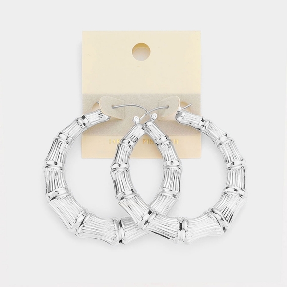 iFashionBox Jewelry - Silver 14 Karat White Gold Filled Metal Round Doorknocker Hoop Bamboo Earrings